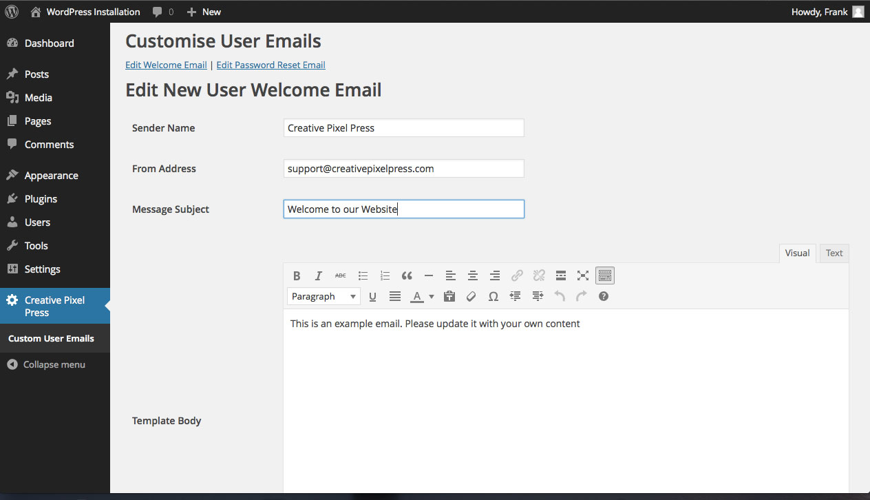 This screen shot shows the top of the welcome email form.