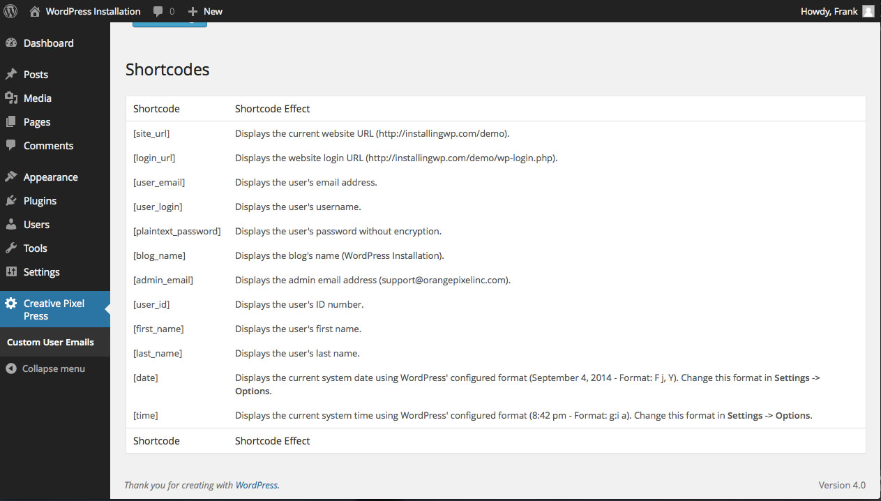 This image shows the shortcodes that you can embed in your email messages.