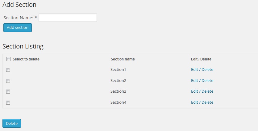 Section Listing. Here you can Add/Edit and Delete the sections.