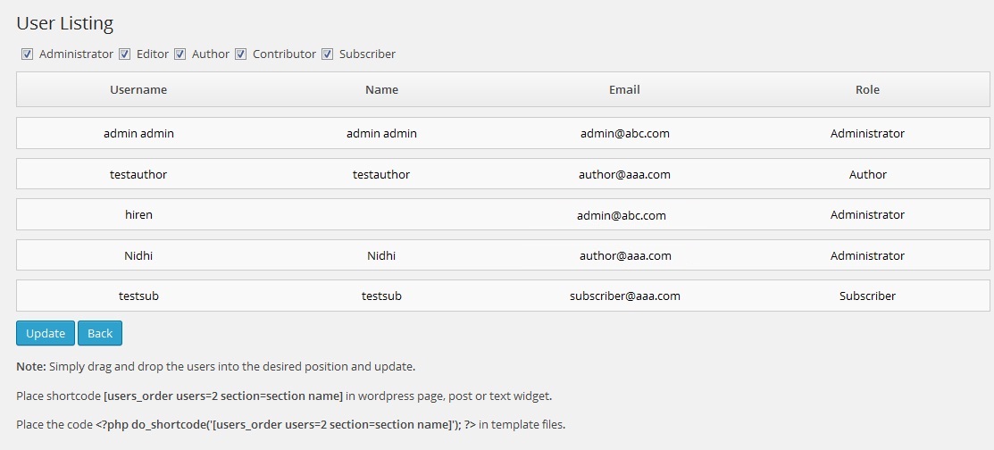 Users Listing. Here you can order users by simple drag and drop functionality. Also feature has been provided to choose the users of a specific roles to be displayed.