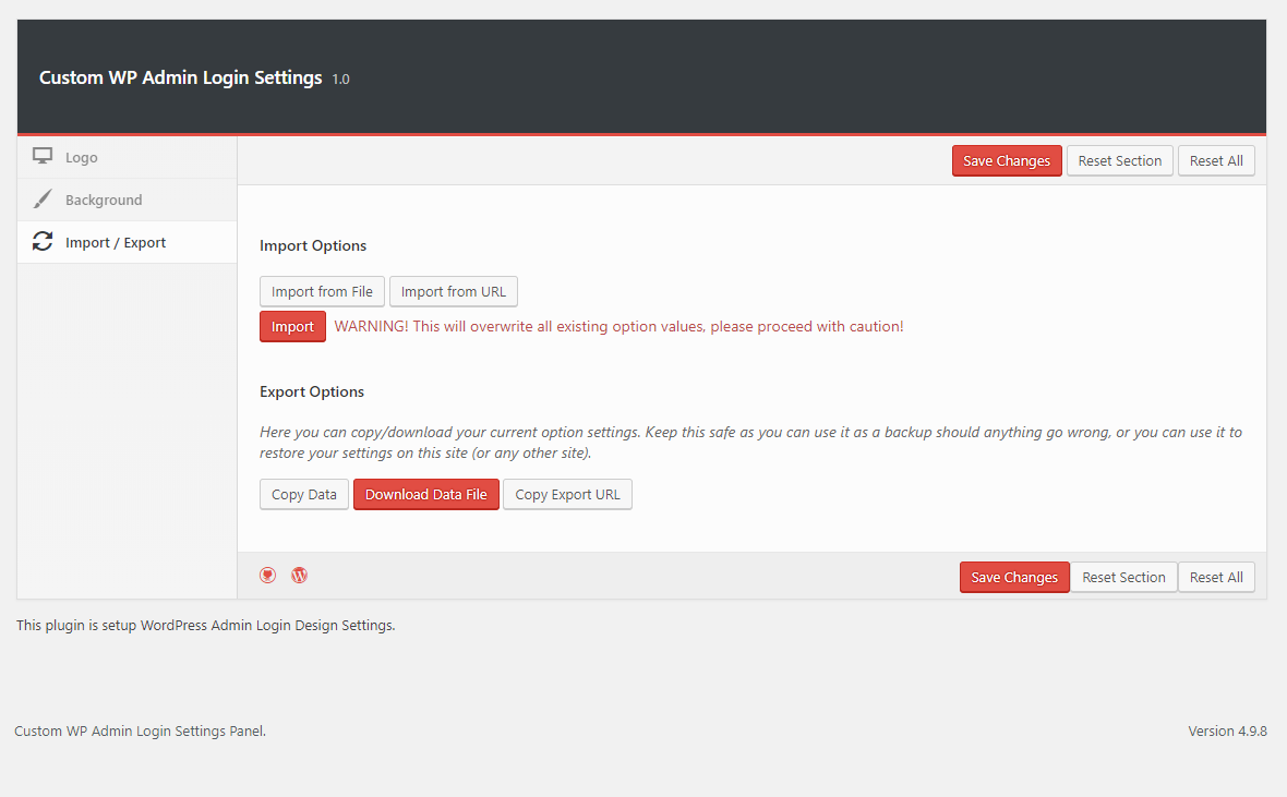 Import/Export Setting Page.