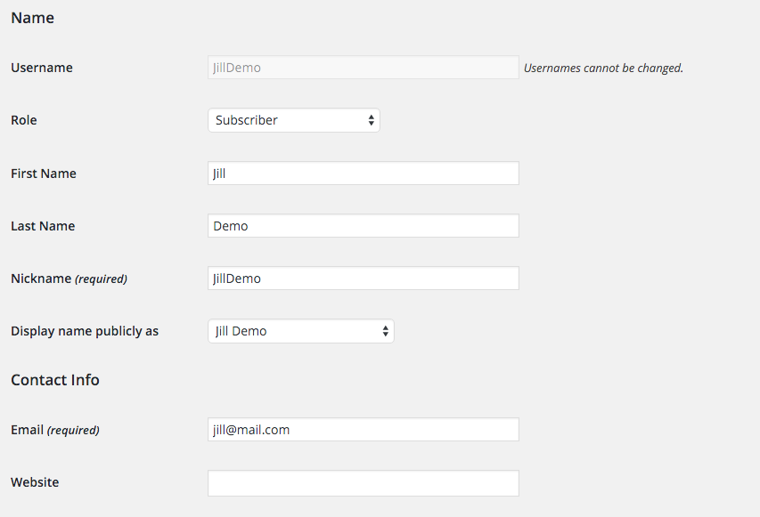 Example of predefined user fields rendered in the default user WordPress profile.