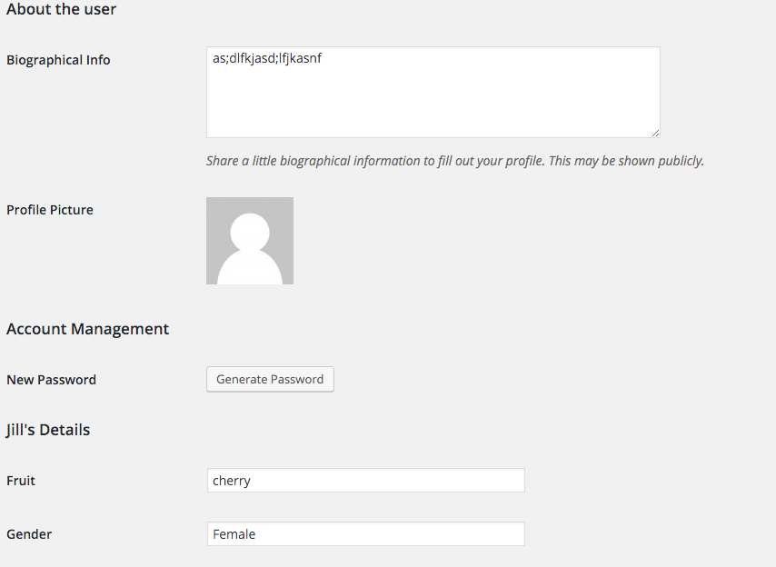 Example of custom user fields rendered in the default user WordPress profile.