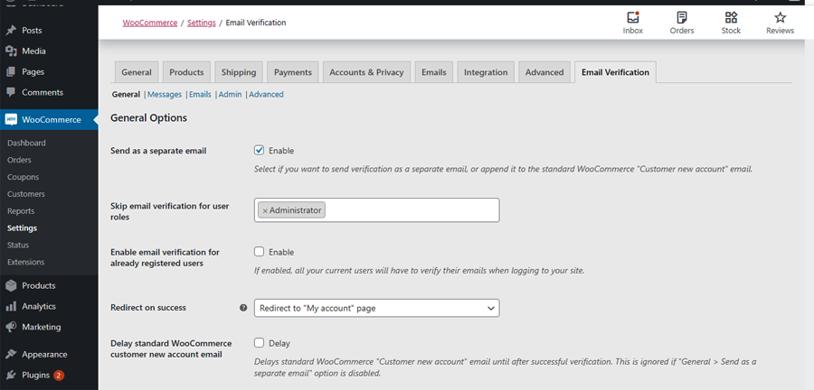 Settings Options are available under **WooCommerce -> Settings -> Email Verification**.