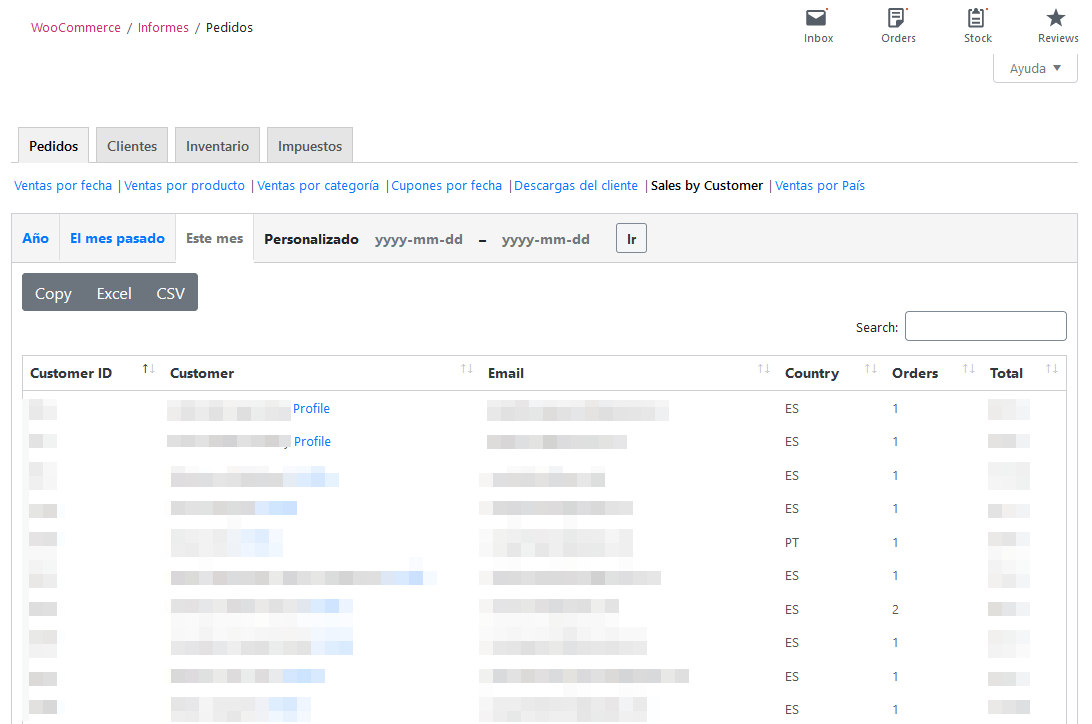 View and export your best customers. You can filter and order for several fields, and then export in CSV or Excel.