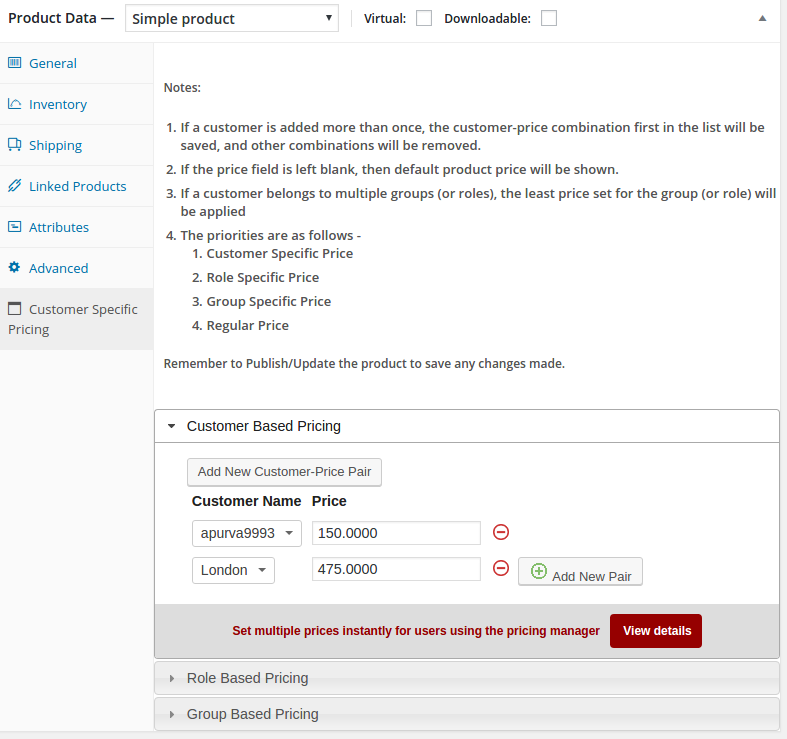 Set Customer-Price pair for a product