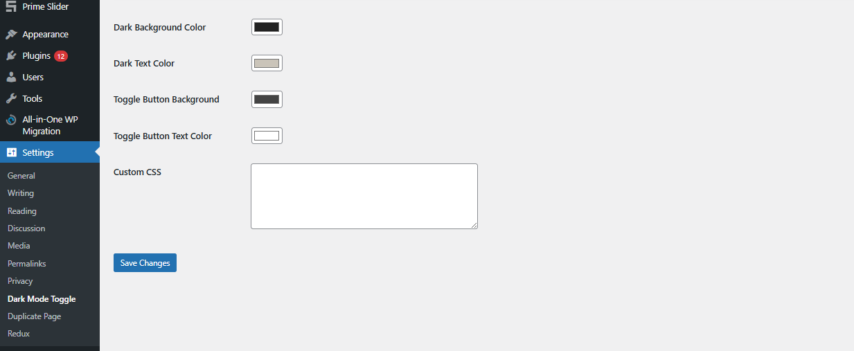 Admin settings page for color customization