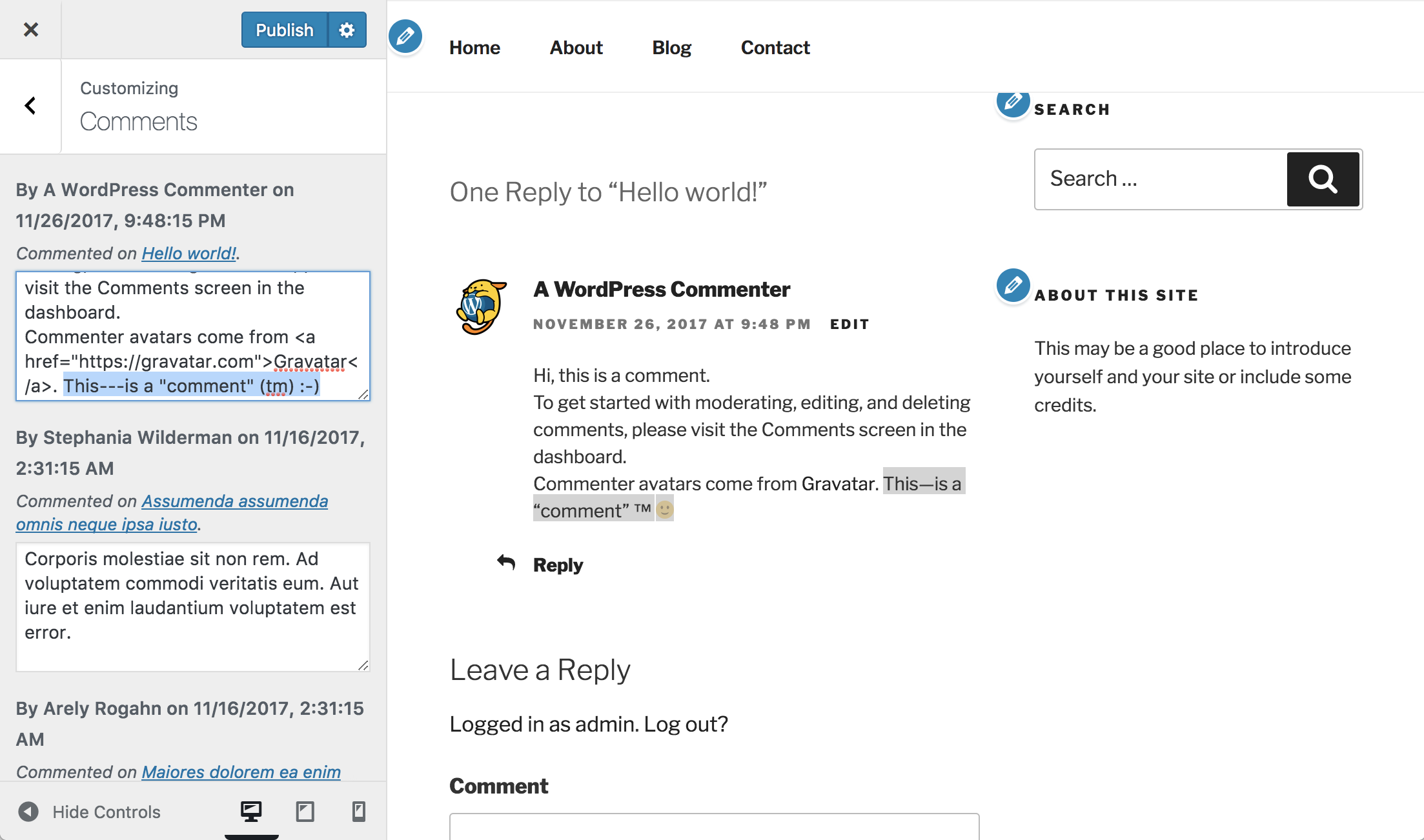 Comments edited in the Customizer are previewed with selective refresh.