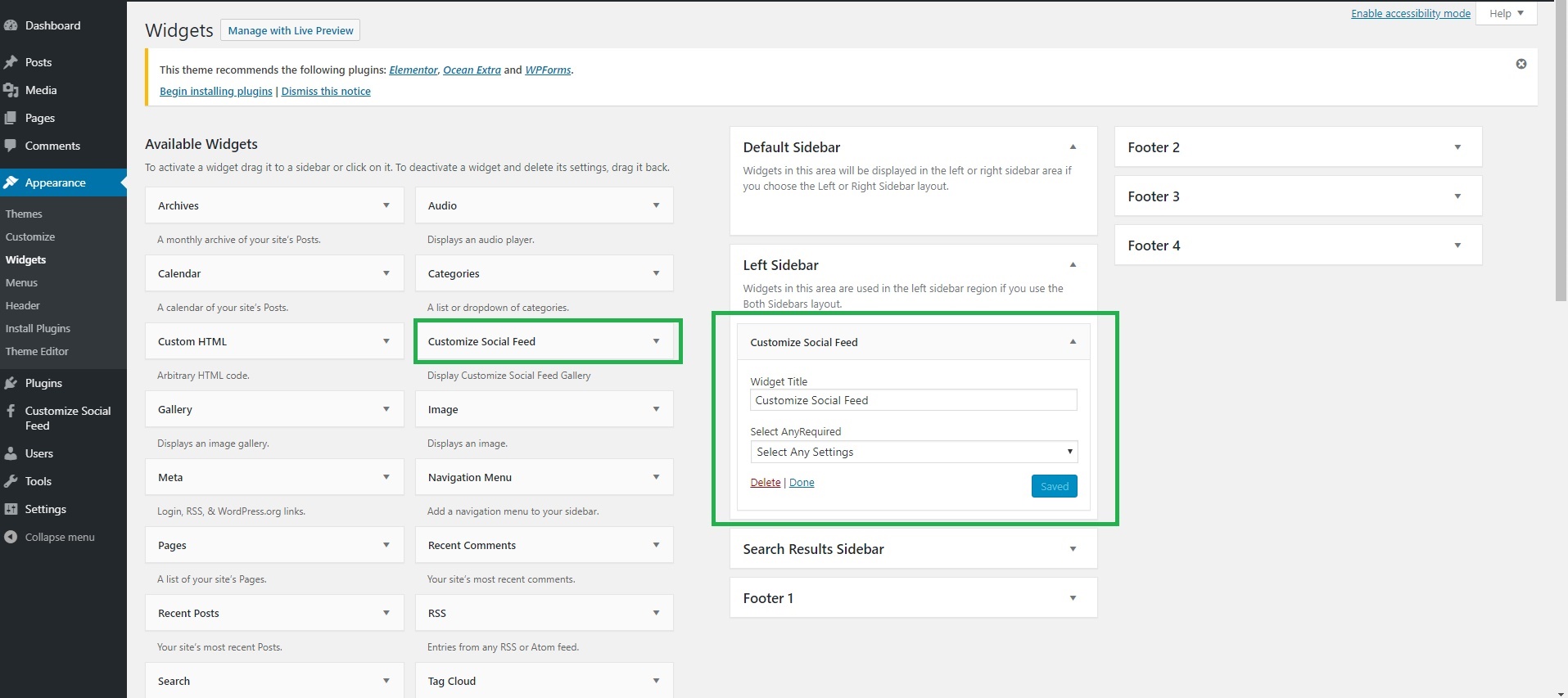 Customize facebook feed admin widget