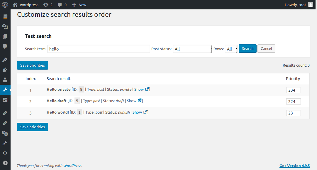 Plugin's admin screen