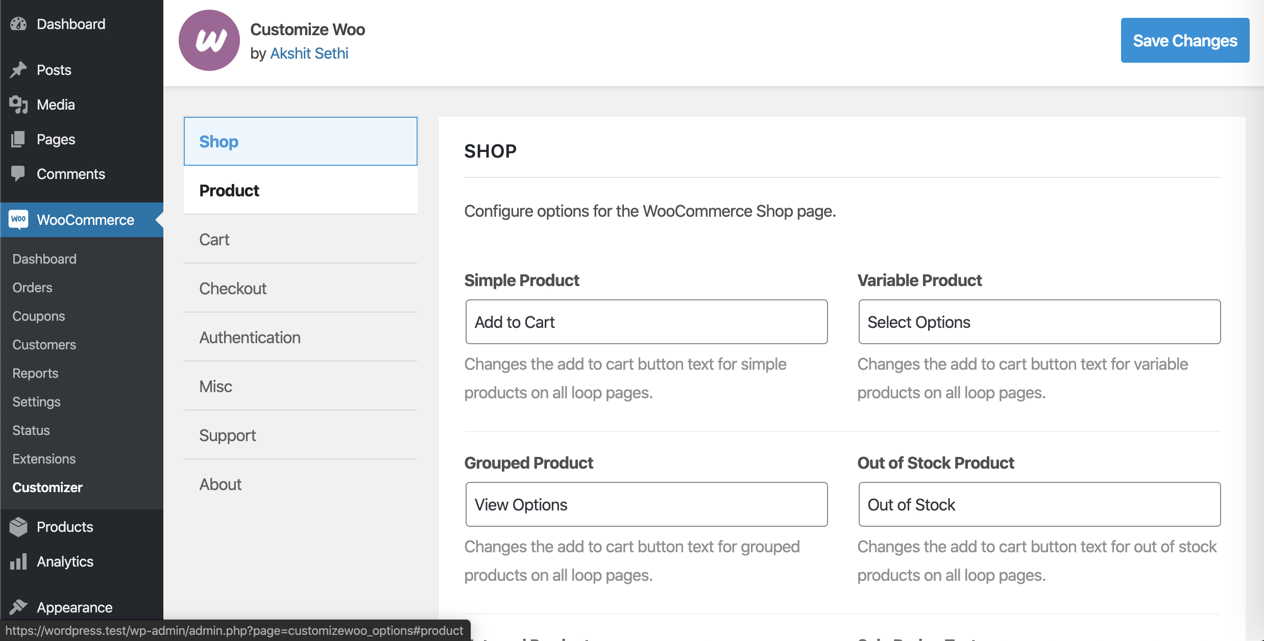 Plugin options panel