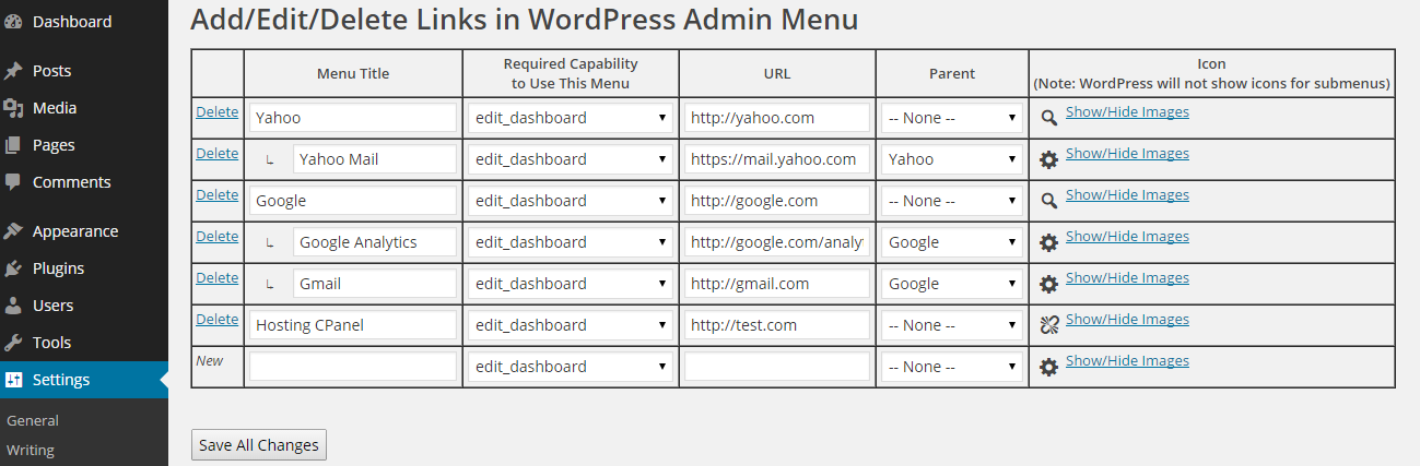Admin interface allows you to add new custom links to WordPress admin menu toolbar.