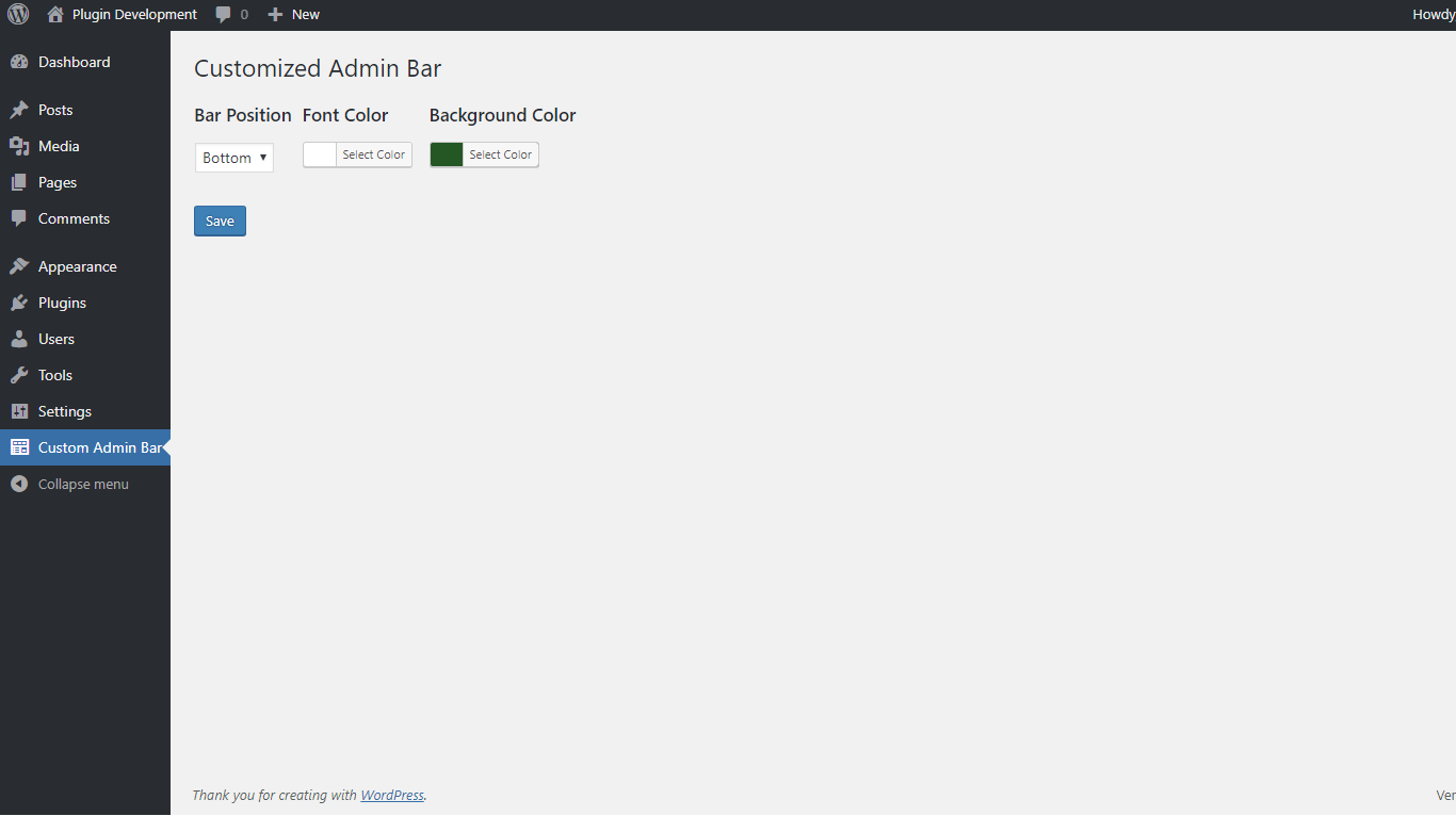 Admin Bar Backend Interface.