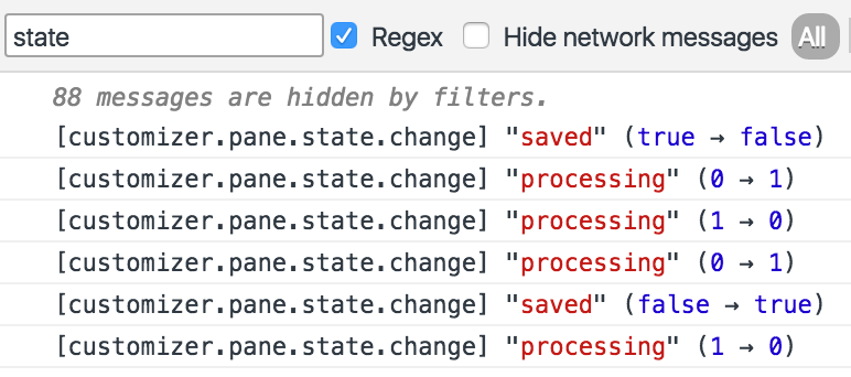 Changes to `wp.customize.state` when saving the customizer changes.
