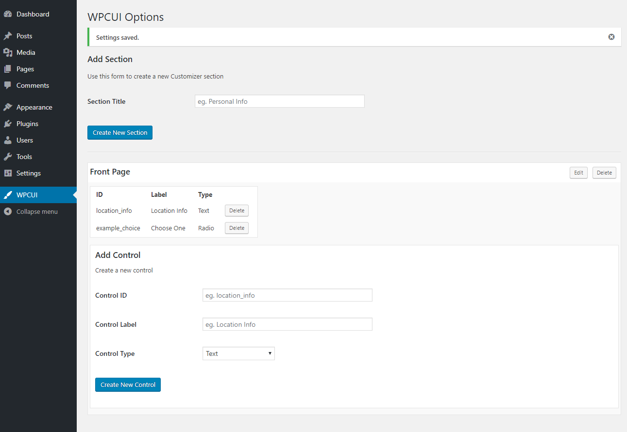 Adding controls to the "Front Page" customizer section on a WordPress website.