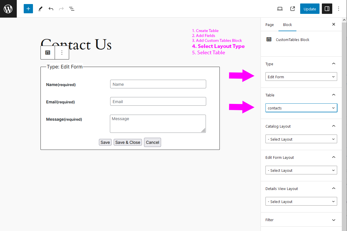 "Select Layout Type and Table" screen