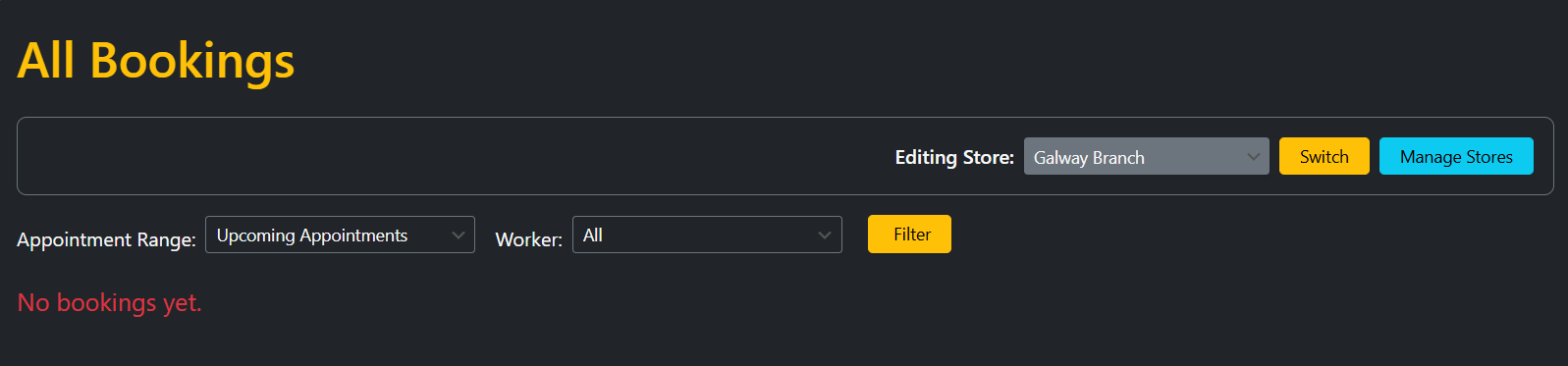 Admin dashboard view of all bookings