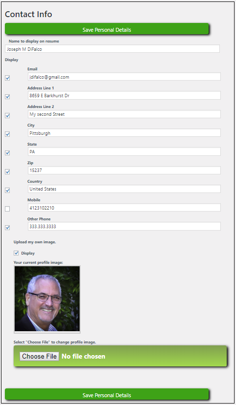 Contact Information edit screen