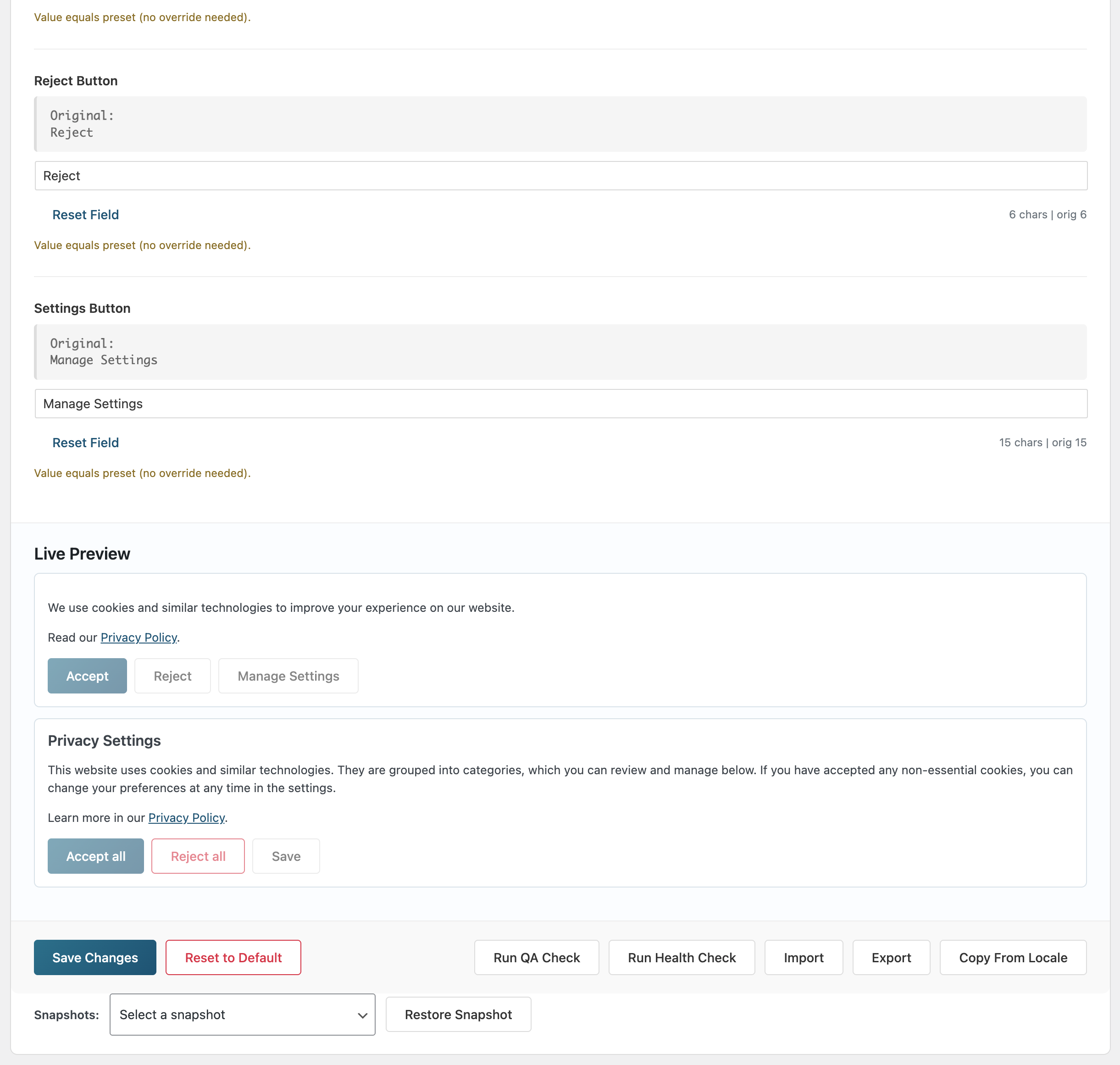Live preview, action buttons, and snapshot rollback panel