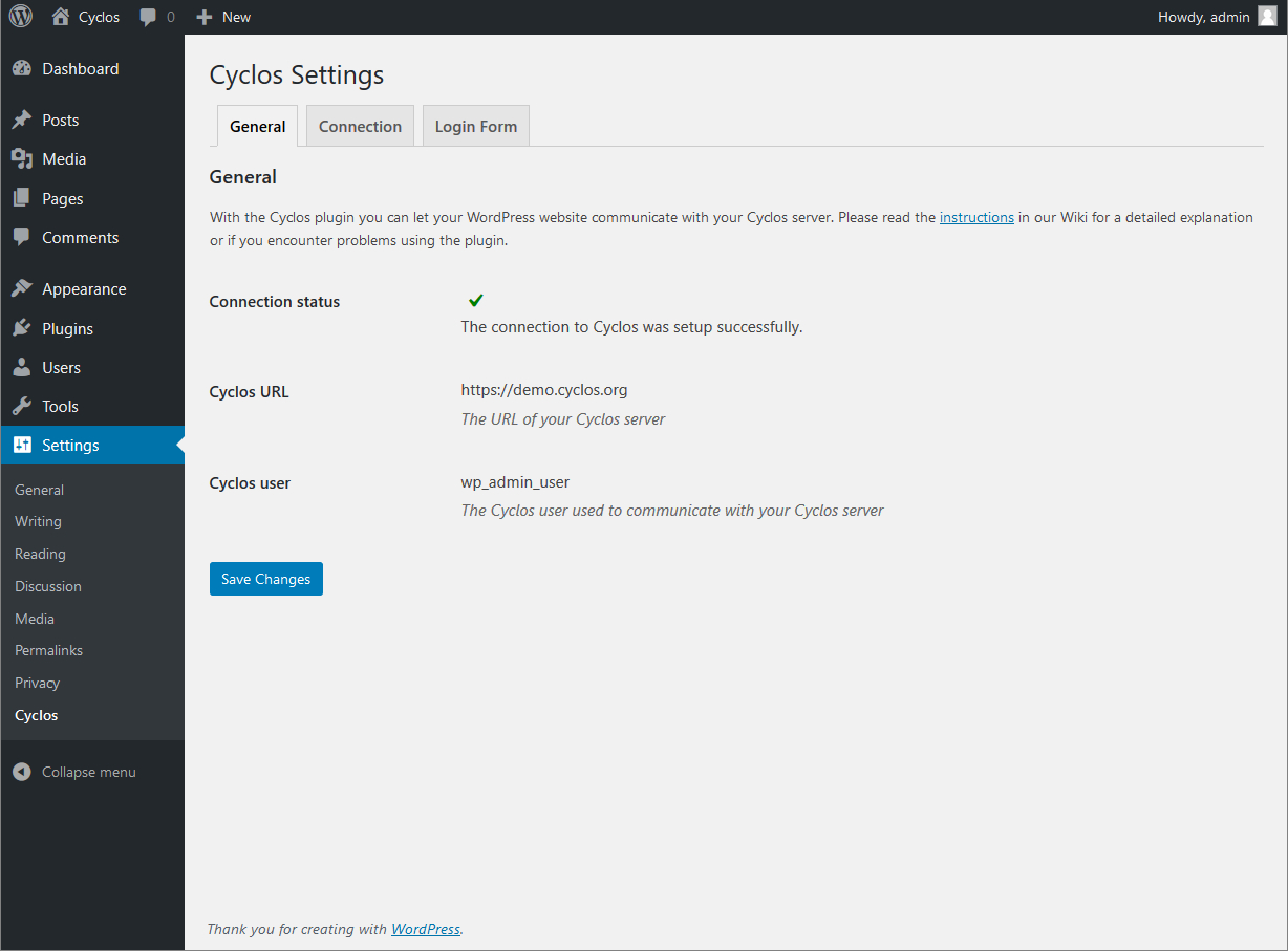 Cyclos plugin settings.
