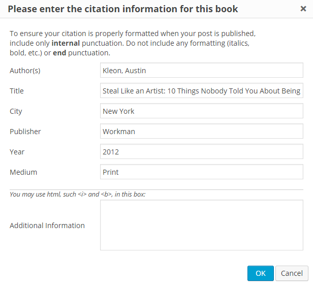 Entering citation information for a book