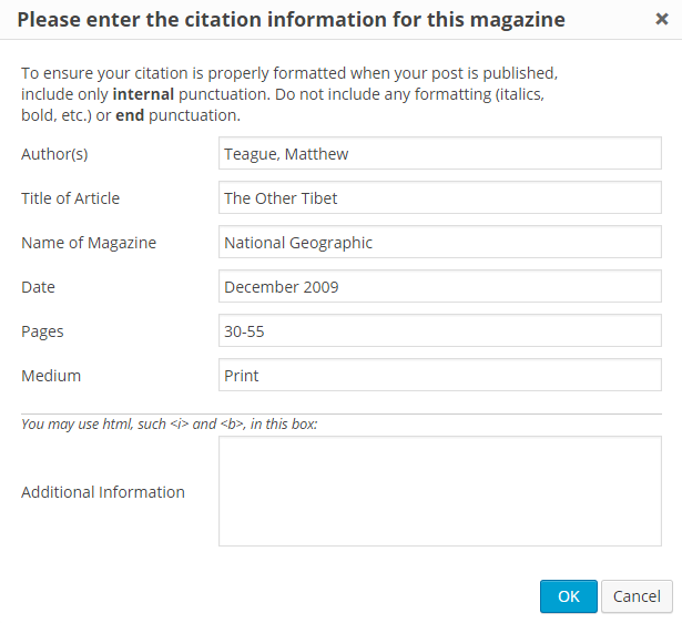 Entering citation information for a magazine article