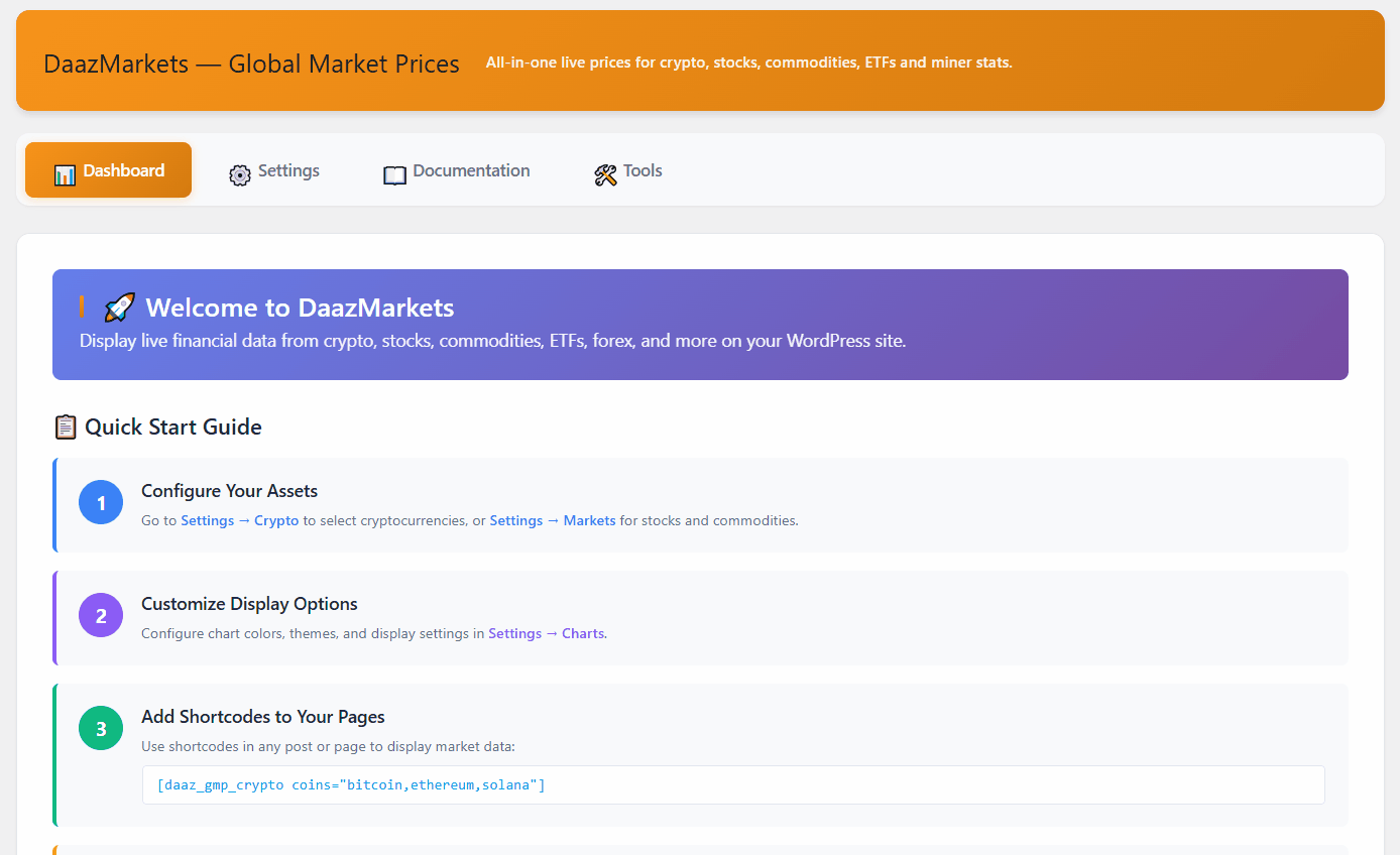 Documentation — built-in reference guide with shortcode examples, attribute descriptions, and usage notes, available directly inside the plugin without leaving WordPress.