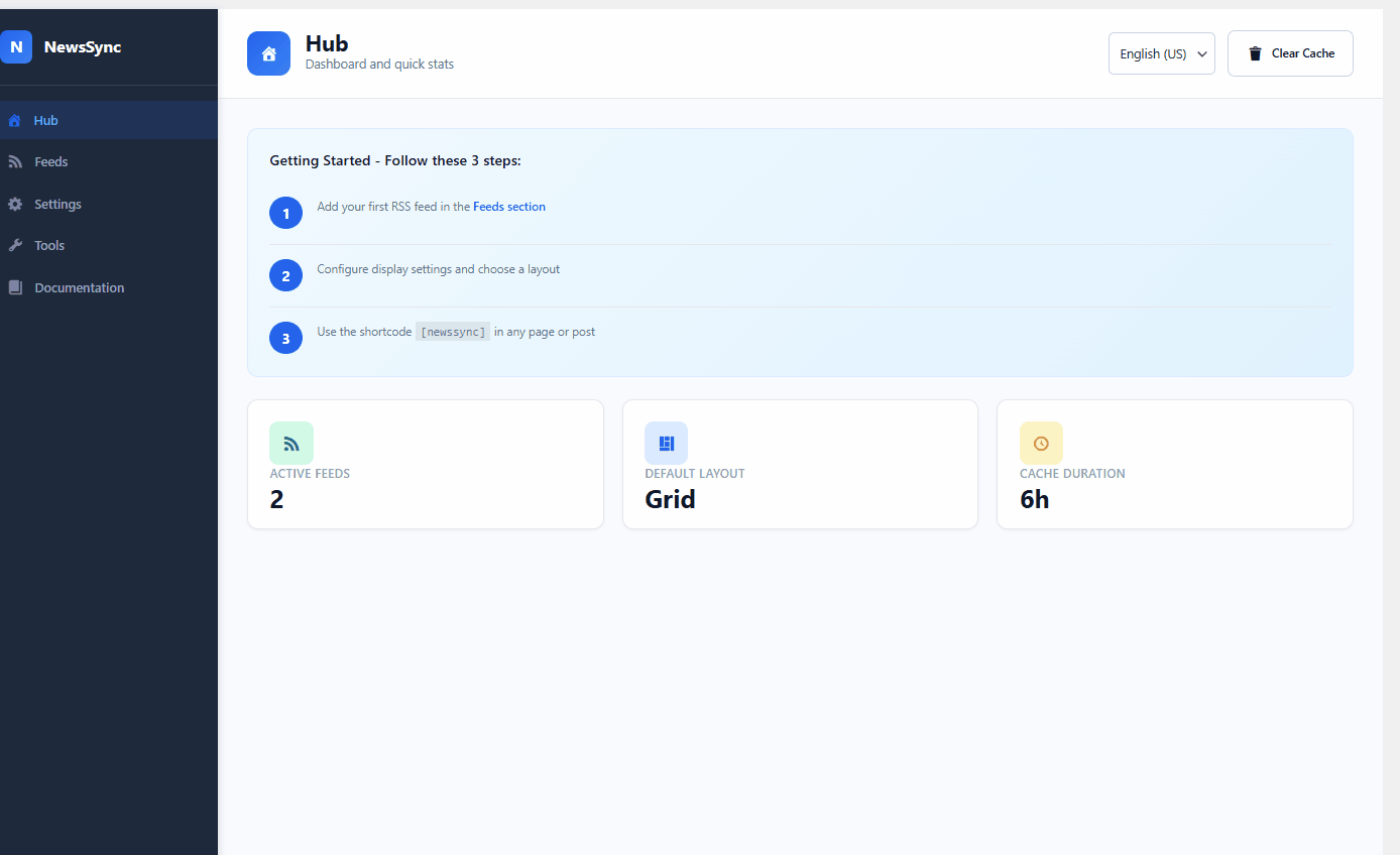 **Add Feed** — configure the feed URL, category label, cache duration and import options in one form.