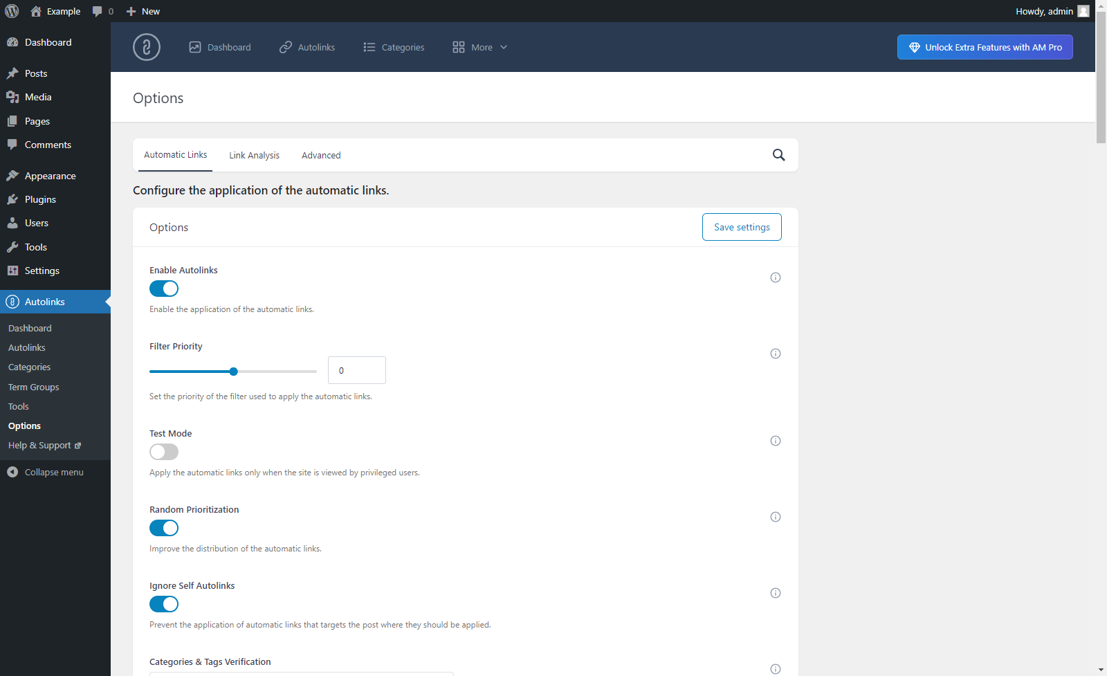 Options menu in the "Automatic Links" tab