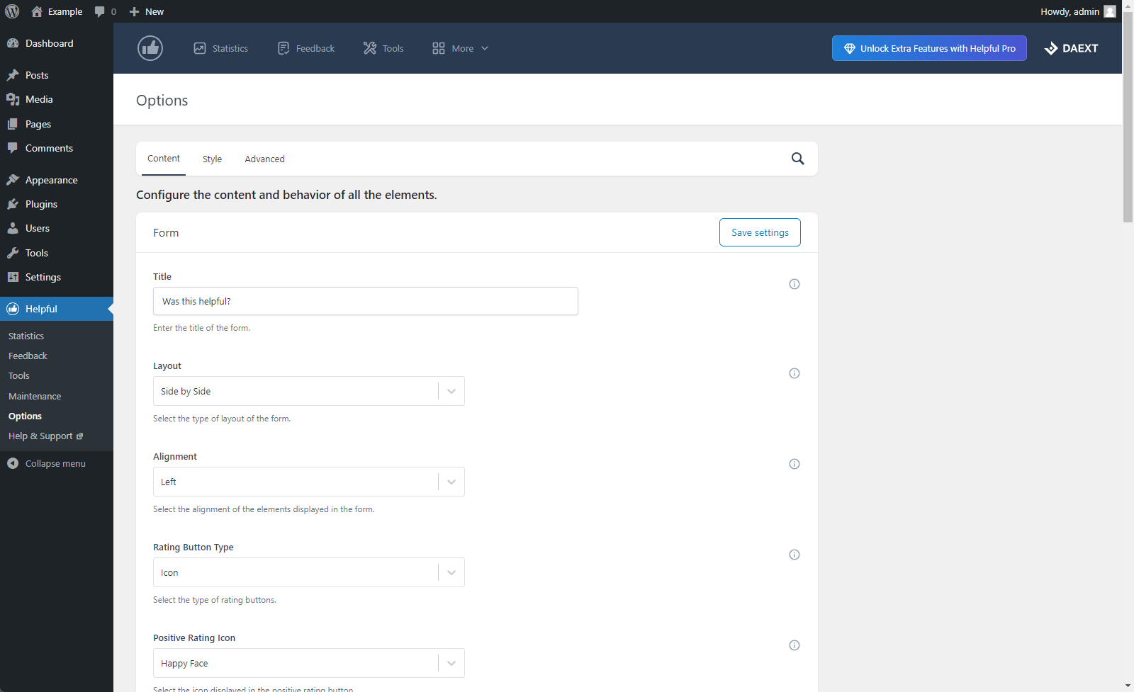 Options menu in the "Form" section