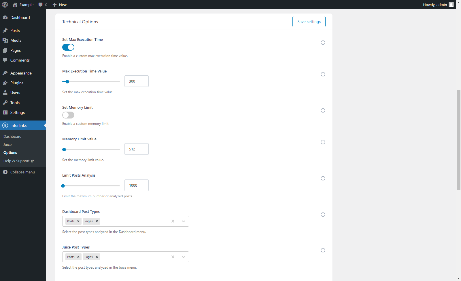 Options menu in the "Technical Options" section