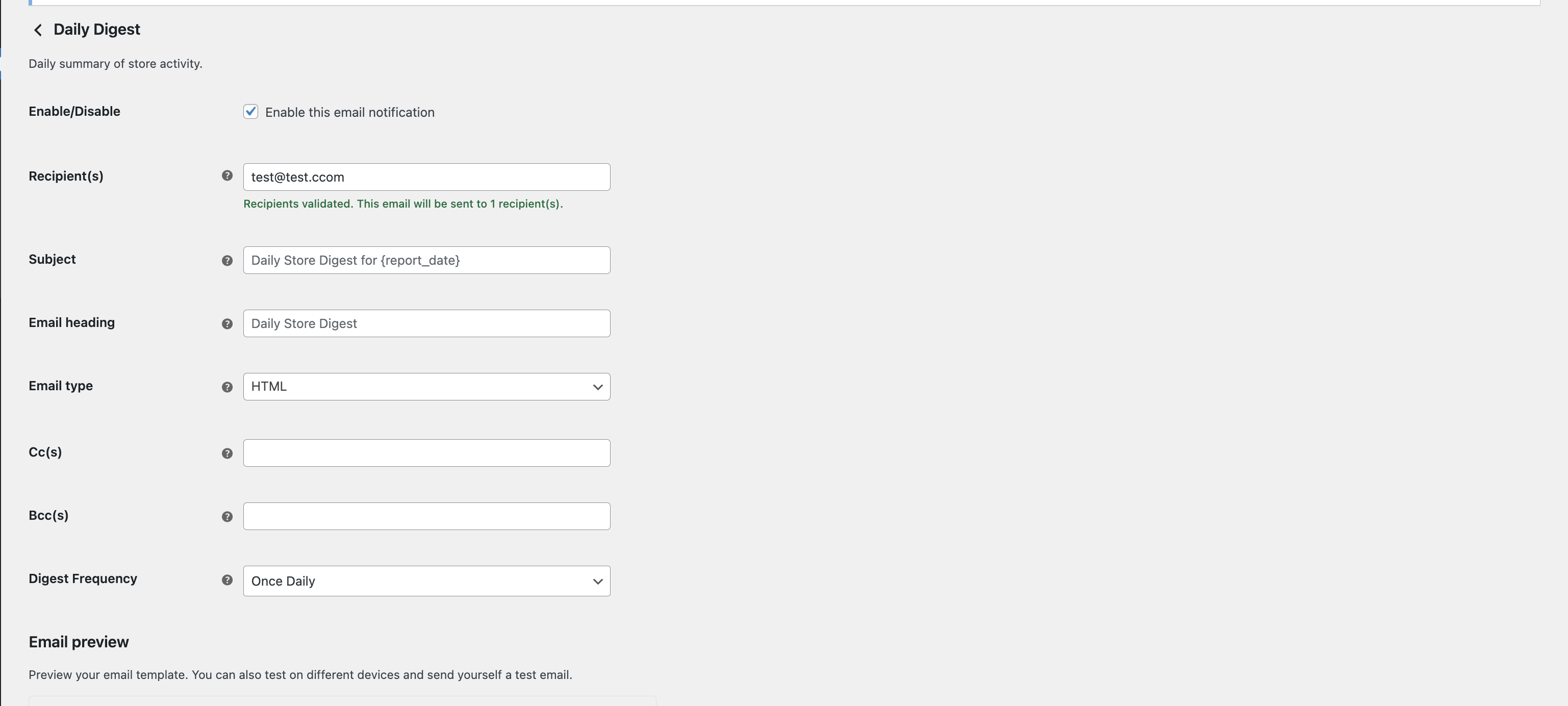 WooCommerce email settings configuration screen