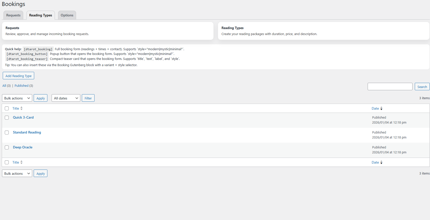 Bookings requests and reading types.