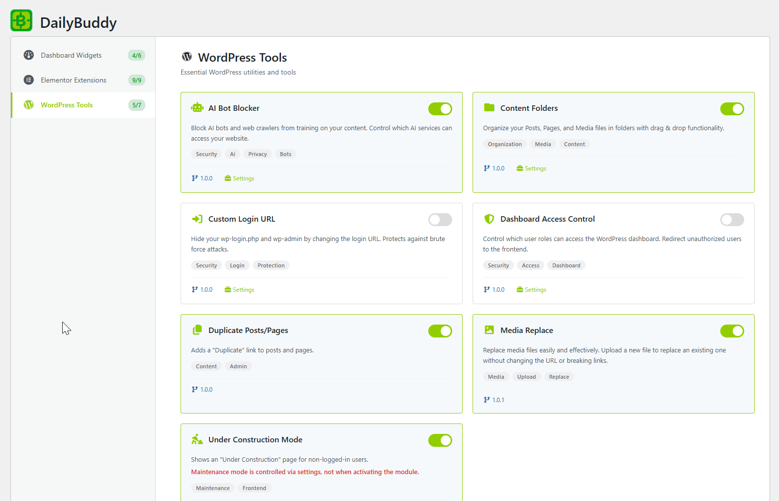 **WordPress Modules Overview** — Enable or disable individual modules with a simple toggle switch.