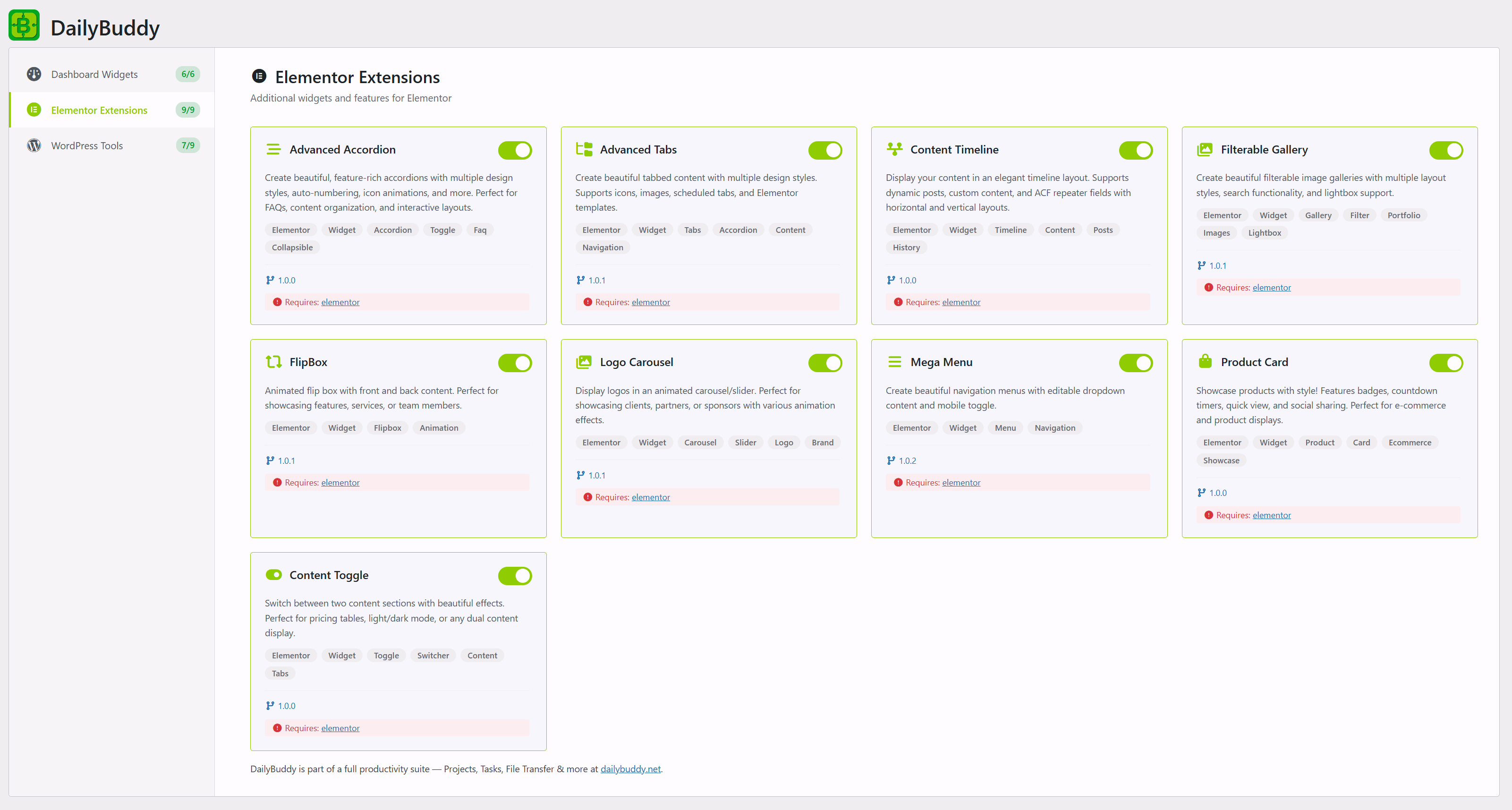 **Elementor Extensions** — 10 additional Elementor widgets including Mega Menu, Process Steps, Advanced Accordion, and more.