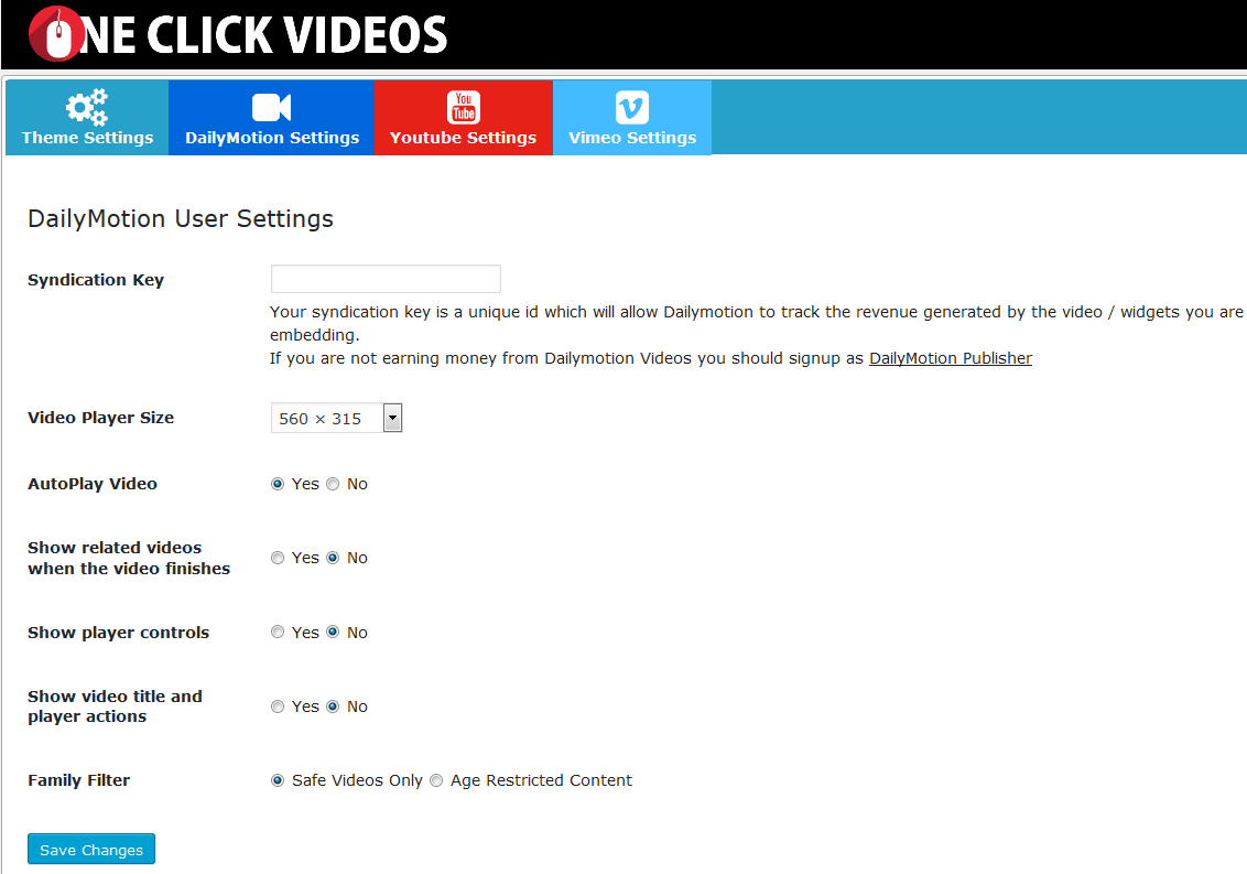 DailyMotion User & Player Settings