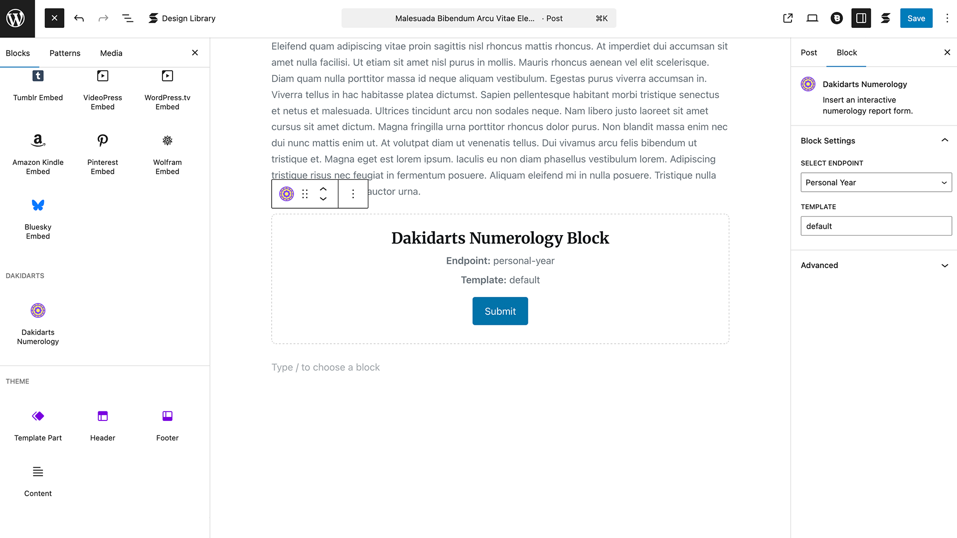 Gutenberg block editor with Dakidarts Numerology block