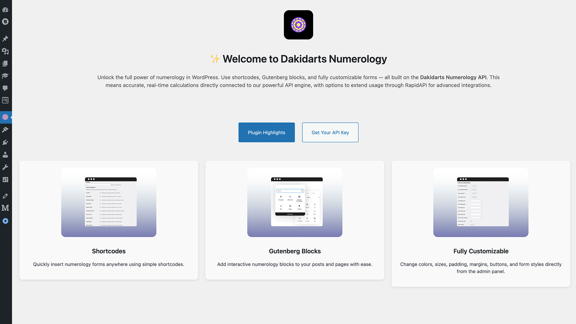 Dakidarts Numerology plugin admin dashboard