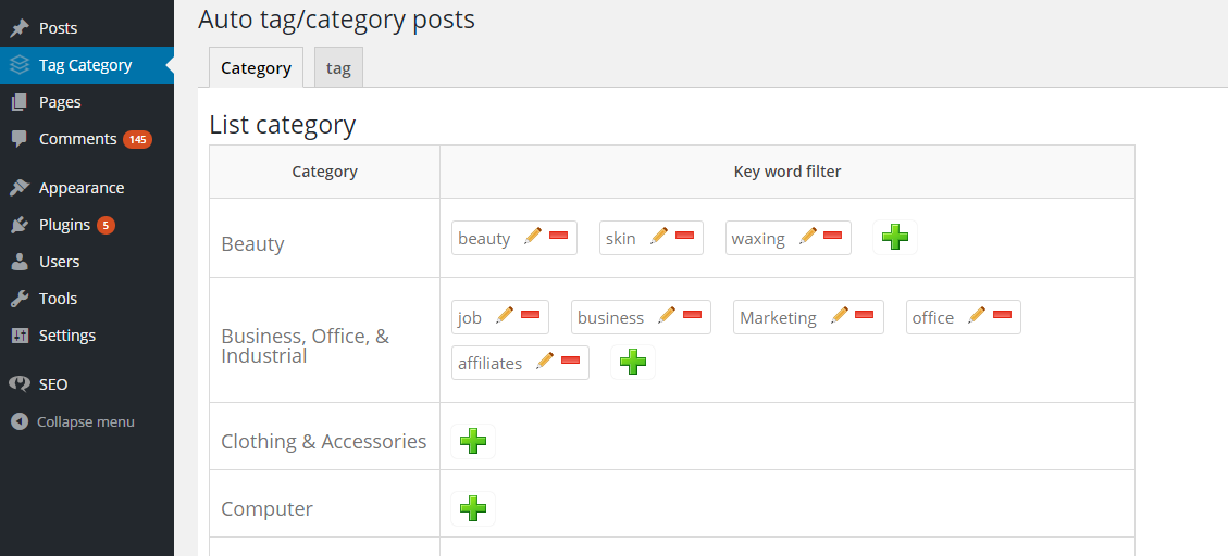 **Categories/Tags keywords** - Define keywords for each category/tag.