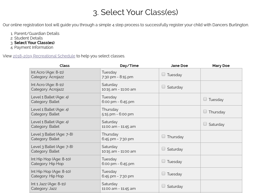 Client dance schedule builder (showing classes selected according to student's age and skill level). Clients are prevented from signing up for classes that clash.