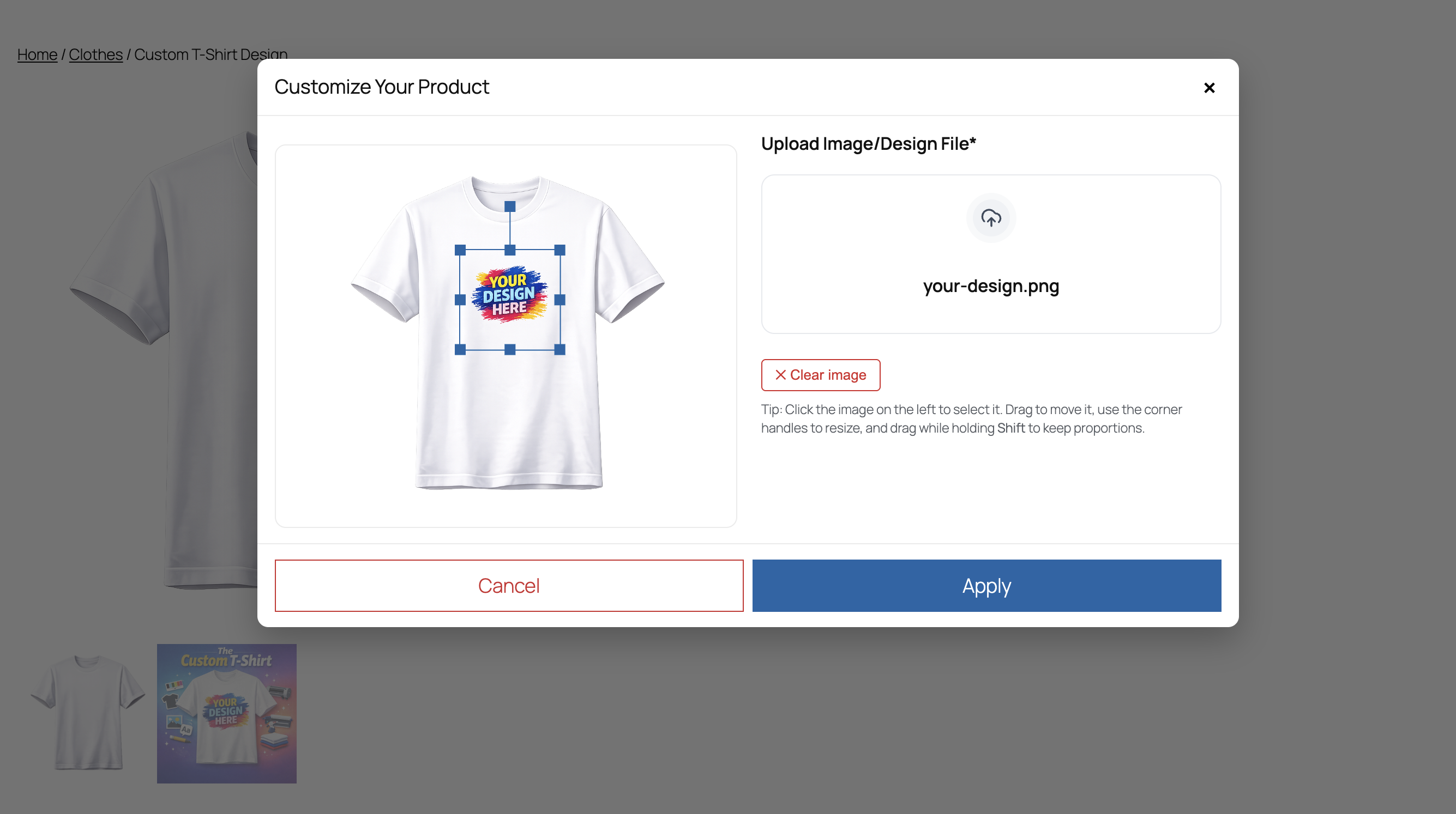 Customizer modal with canvas and uploaded image layer.