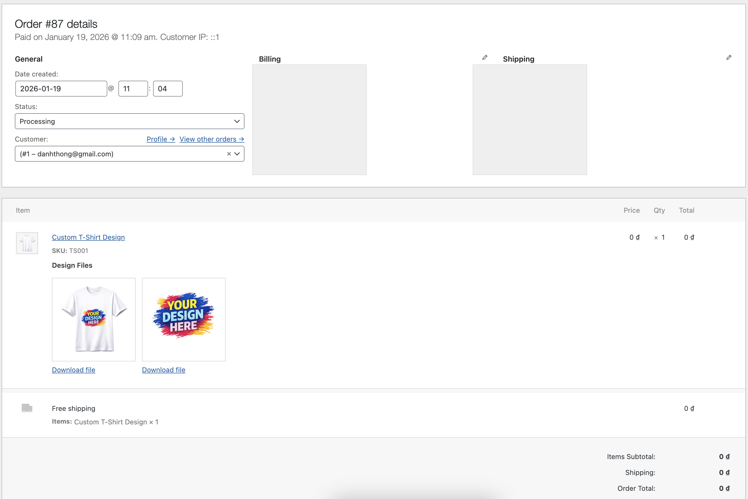 Admin order screen showing uploaded design files per line item.