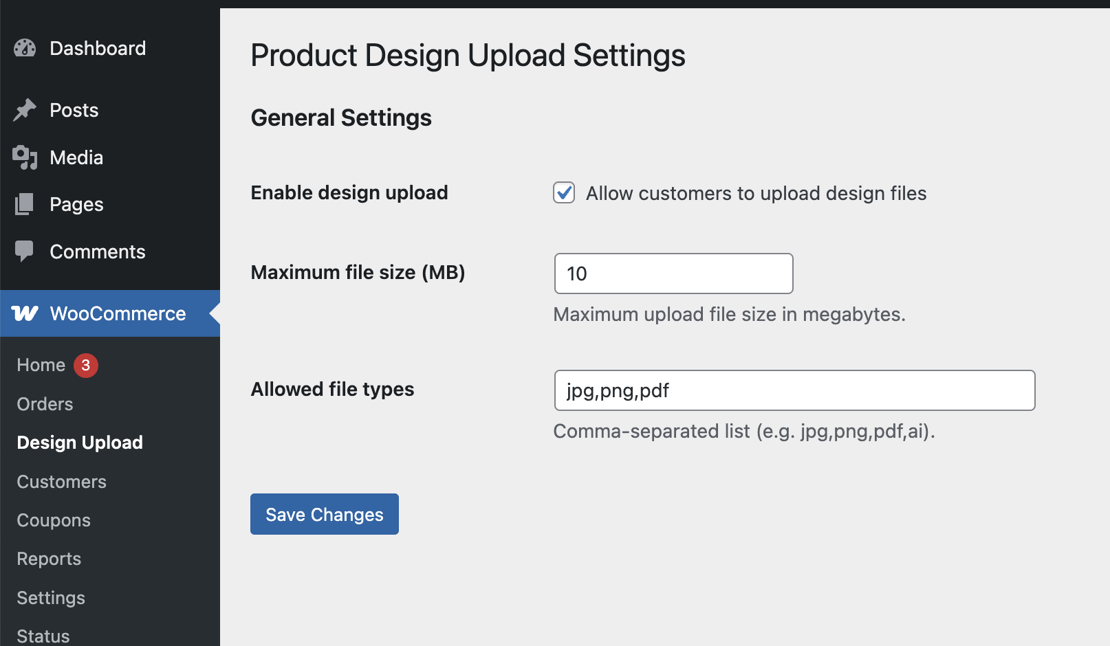 Product Design Upload Settings