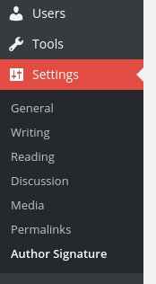 The admin area menu showing the `Author Signature` option under the `Settings` menu.