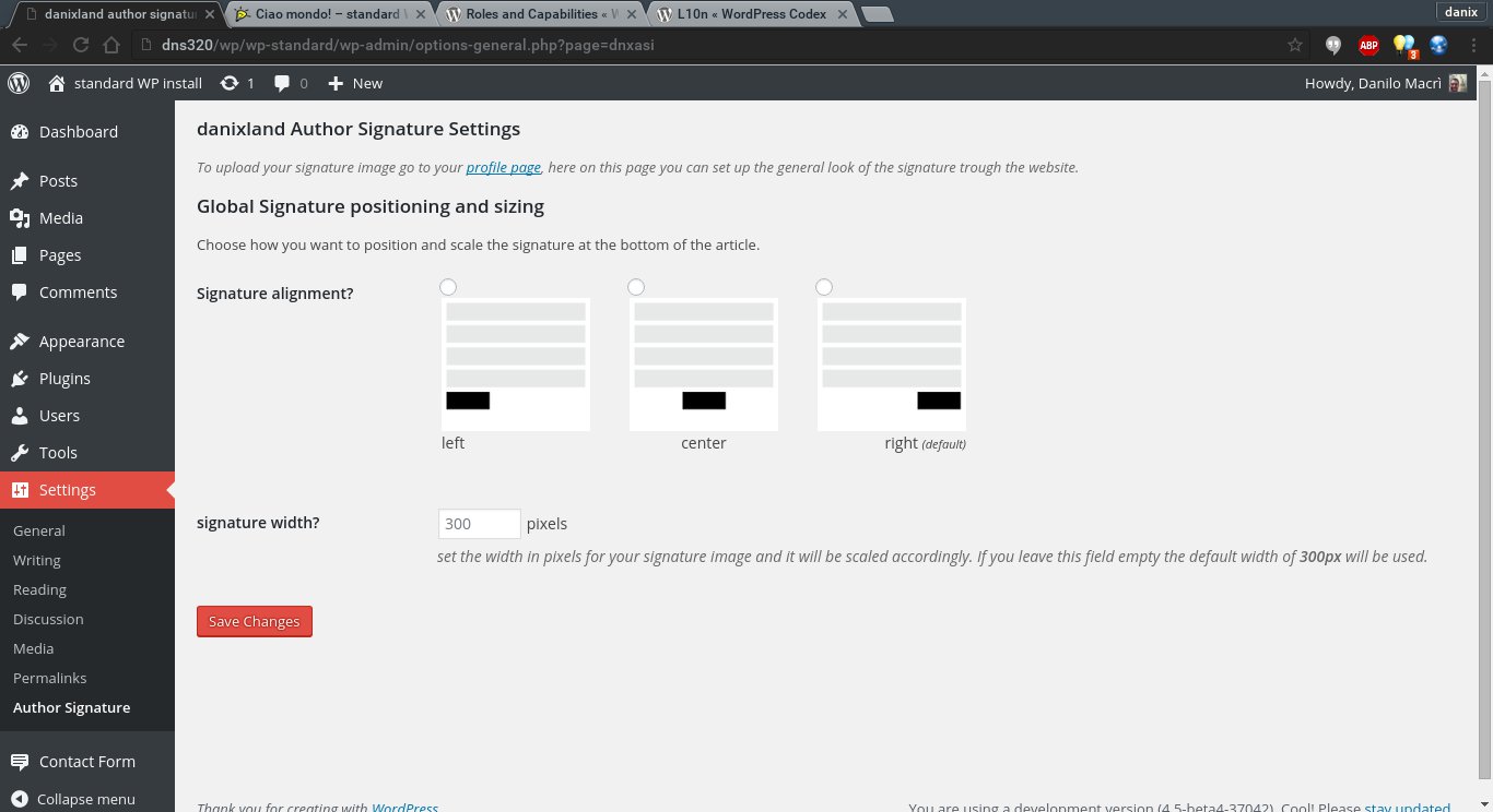 The plugin settings page where you can adjust alignment and size of the signature image.