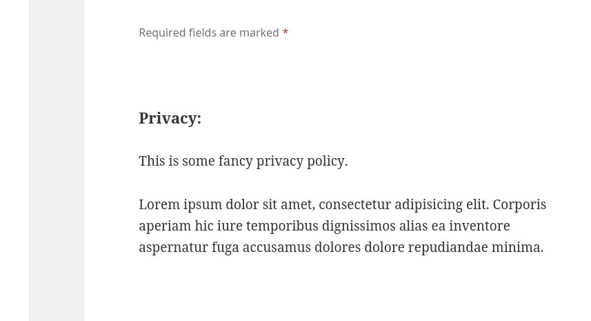 The privacy policy as seen inside the page on the TwentyFifteen theme.