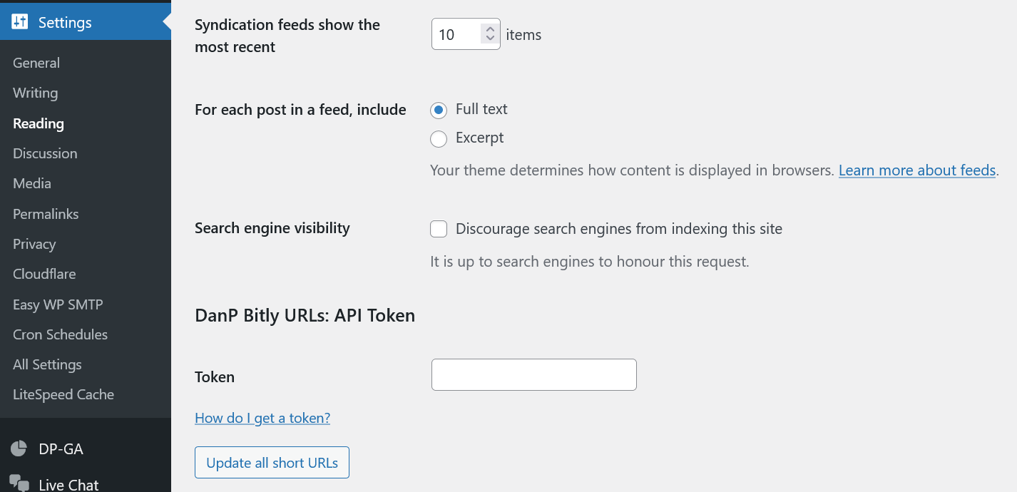 This is where you can add your Bitly API token and generate short URLs for all posts and pages. Location: Dashboard > Settings > Reading.