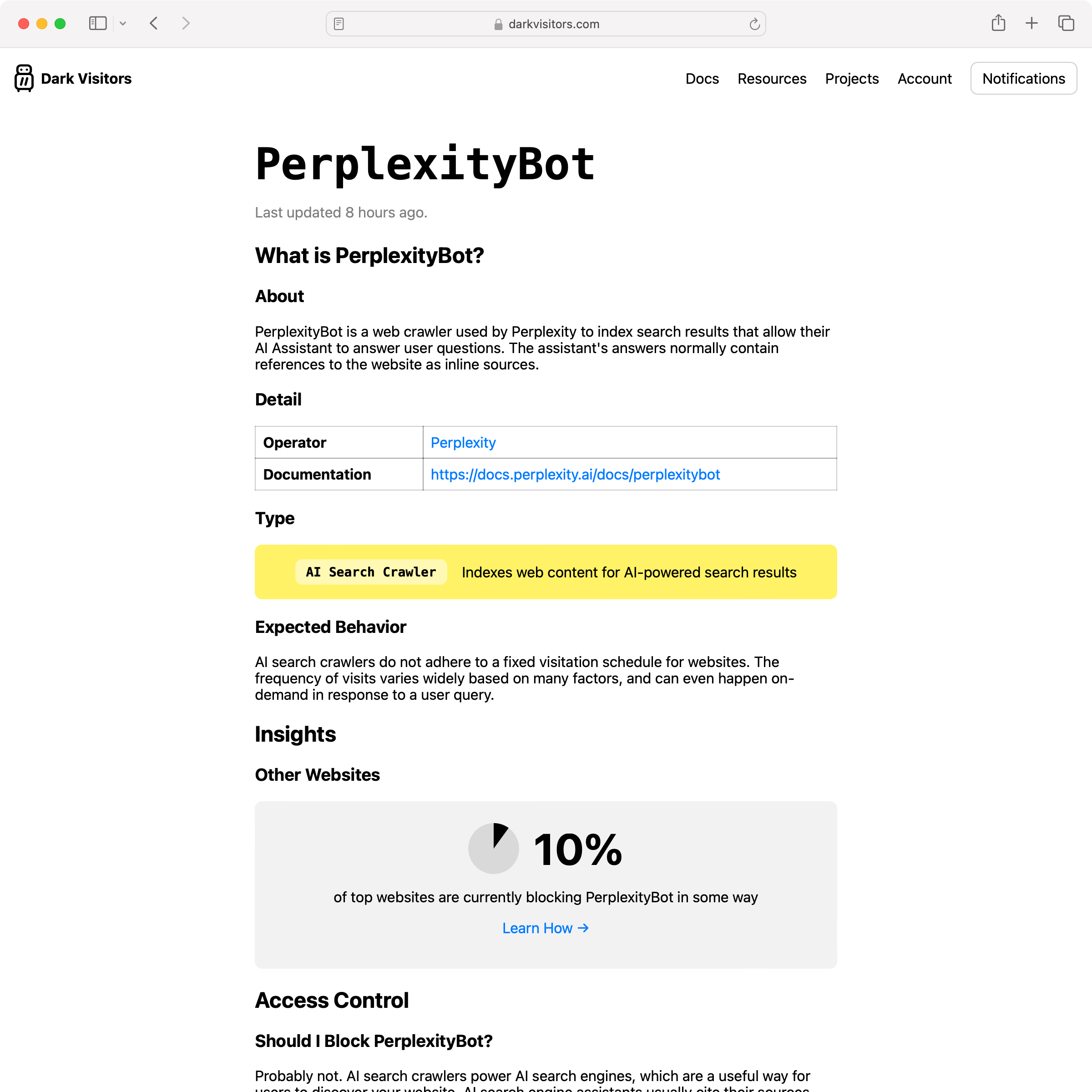 Agent details including insight into how many websites are blocking it
