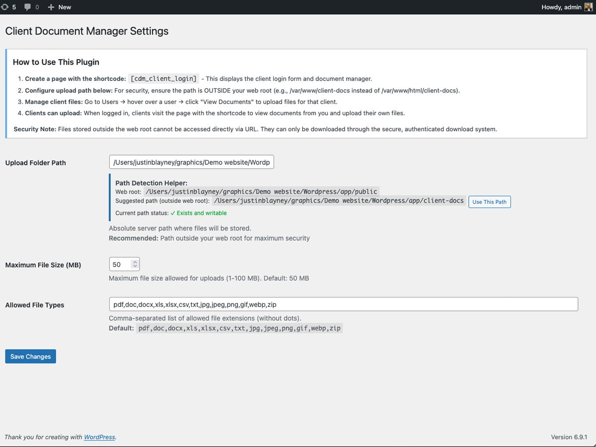 Settings page with configuration options and instructions