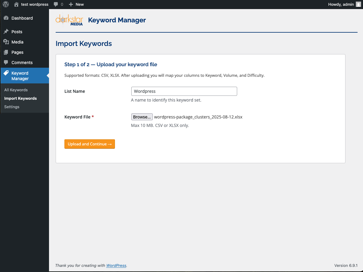 Import Step 1 — upload a CSV or XLSX file and name your keyword list